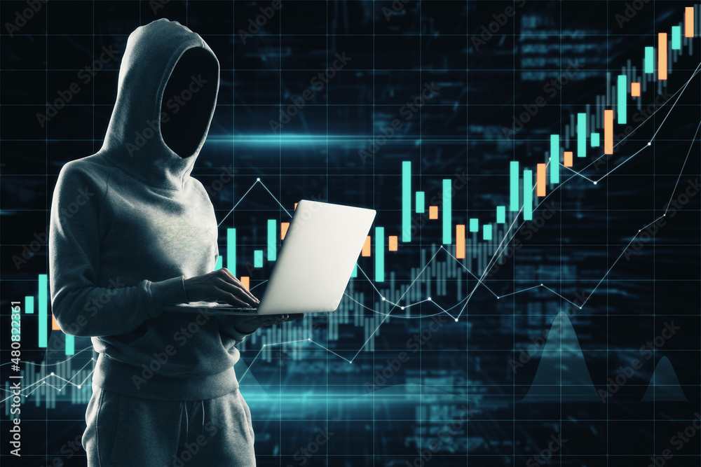 Poster Hacker using laptop on dark background with candlestick forex chart. Trade, finance and security concept.