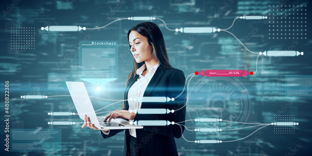 Poster attractive young caucasian businesswoman using laptop with abstract glowing big data blockchain inte