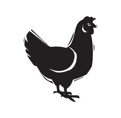 Agriculture and Farming concept. Minimalistic dark sticker with chicken. Domestic animal brings eggs. Design element for logos. Cartoon flat hand drawn vector illustration isolated on white background