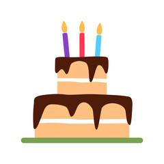 Birthday cake with colorful candles. Festive flat icon isolated on white background. Frosted tasty decorated chocolate buttercream object for birthday card invitation design Pastry vector illustration