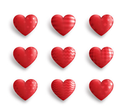 Set of red 3D hearts with different patterns isolated on white background. Decorations for valentine's day. Vector Illustration