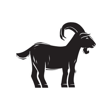 Agriculture and Farming concept. Sticker with dark ram or goat with long horns. Small cattle. Design element for posters. Cartoon flat hand drawn vector illustration isolated on white background