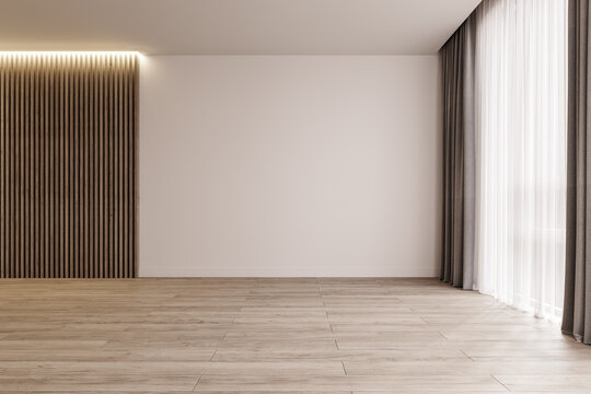 Modern interior design empty room mock-up with big window and illuminated wooden slats, 3d rendering