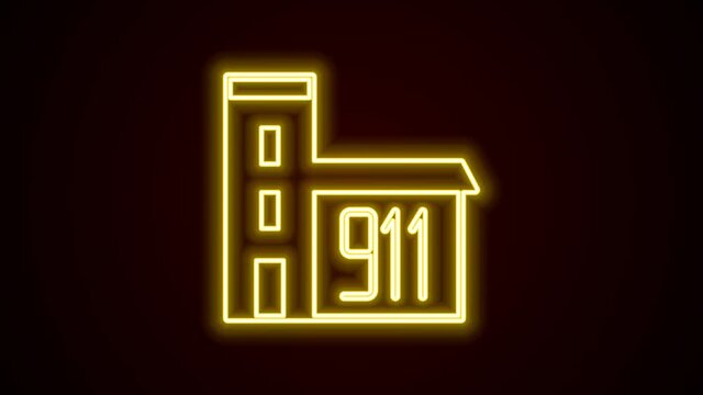 Glowing neon line Building of fire station icon isolated on black background. Fire department building. 4K Video motion graphic animation