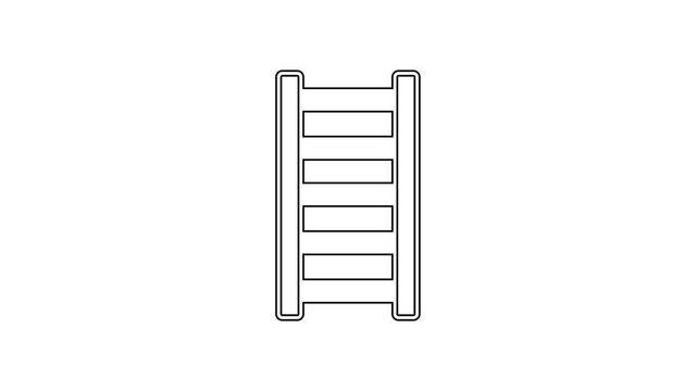 Black line Fire escape icon isolated on white background. Pompier ladder. Fireman scaling ladder with a pole. 4K Video motion graphic animation