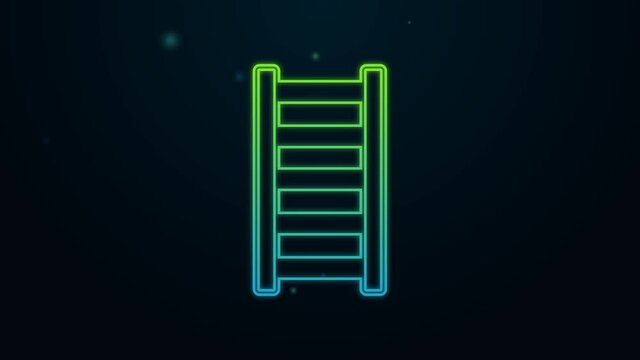 Glowing neon line Fire escape icon isolated on black background. Pompier ladder. Fireman scaling ladder with a pole. 4K Video motion graphic animation