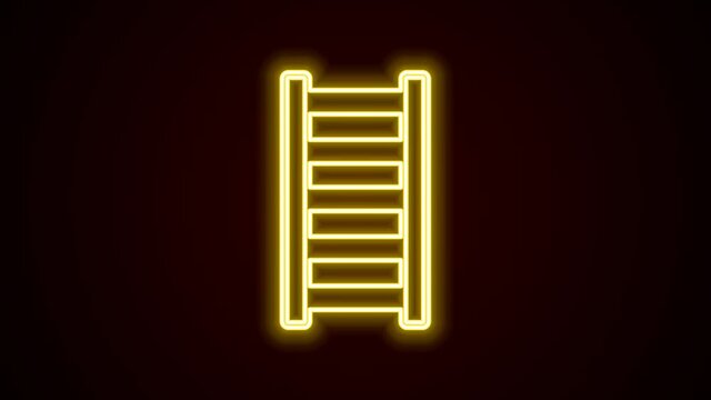 Glowing neon line Fire escape icon isolated on black background. Pompier ladder. Fireman scaling ladder with a pole. 4K Video motion graphic animation