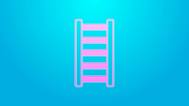 Pink line Fire escape icon isolated on blue background. Pompier ladder. Fireman scaling ladder with a pole. 4K Video motion graphic animation
