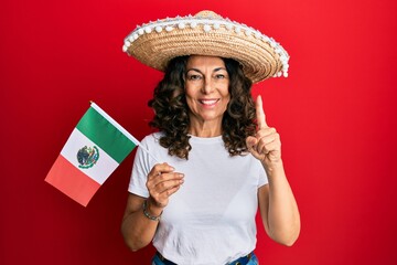 Middle age hispanic woman wearing mexican hat holding mexico flag smiling with an idea or question pointing finger with happy face, number one