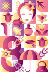 Greeting card for March 8. Flat mosaic geometric pattern. 8 march poster. 