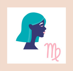 Zodiac Sign concept. Virgo. Colorful poster with beautiful smiling girl with blue hair and esoteric symbol. Predicting future, astrological horoscope. Cartoon flat vector illustration with pink frame