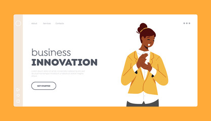 Business Innovation Landing Page Template. Woman Applaud, Cheering Ovation. Cheerful Female Character Clap Hands