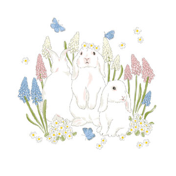 Cute bunny in Spring Bloomy garden with Hyacinth florals and blue butterfly hand drawn vector illustration isolated on white. Vintage delicate romantic nature print for Easter or kids design