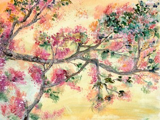 Fototapeta na wymiar Watercolor spring paintings landscape, background with flowers