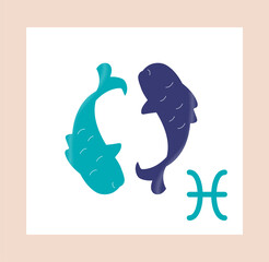 Zodiac Sign concept. Pisces. Colorful poster with two small fish of light and dark blue color. Astrology and Esotericism. Horoscope or prediction. Cartoon flat vector illustration with pink frame
