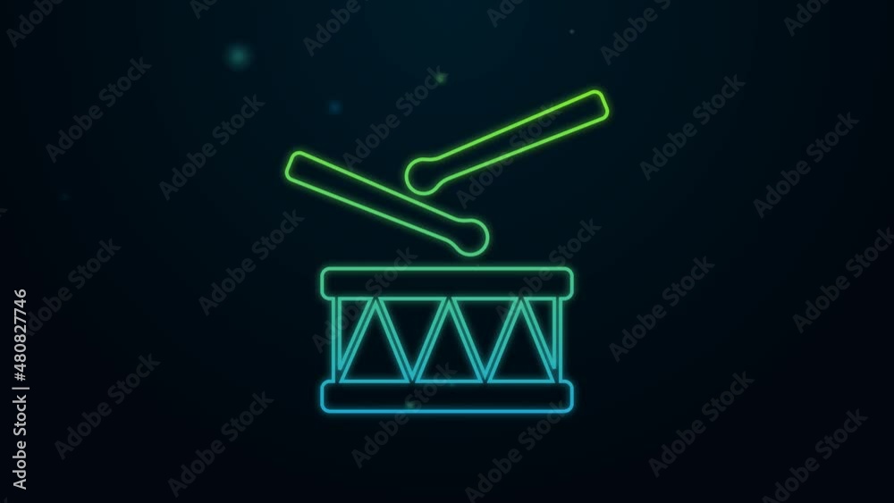 Wall mural Glowing neon line Drum with drum sticks icon isolated on black background. Music sign. Musical instrument symbol. 4K Video motion graphic animation