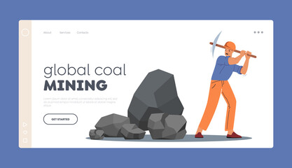 Mineral Exploration, Coal Mining Industry Landing Page Template. Miner with Pickax Digging Soil Explore Fossil on Quarry