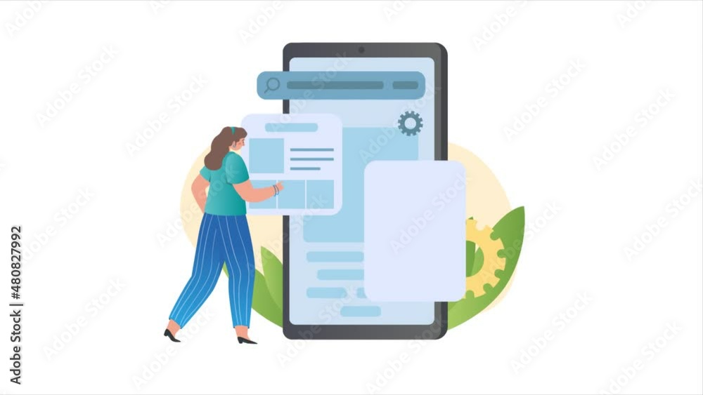 Poster mobile app development process video concept. clip with moving woman standing next to large smartpho