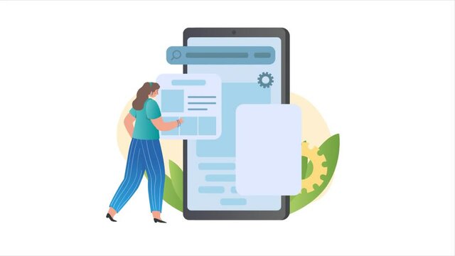 Mobile app development process video concept. Clip with moving woman standing next to large smartphone and creating user interface for applications. Software programming. Graphic animated cartoon