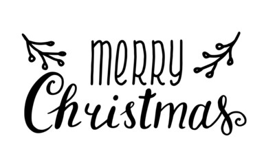 Vector Merry Christmas brush calligraphy, greeting text with branch berries isolated on white background. Merry Christmas handwritten winter typography print, can be used for flyer poster card banner