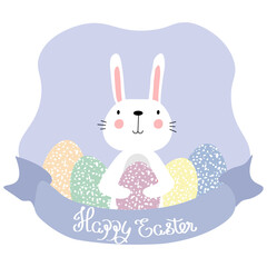 Vector illustration of cute bunny with bright eggs. Happy Easter greetings text. Design for web, site, banner, poster, card, paper print, postcard, flyer. Vector illustration