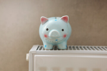 Pig piggy bank on a radiator indoors close-up. Heating concept.