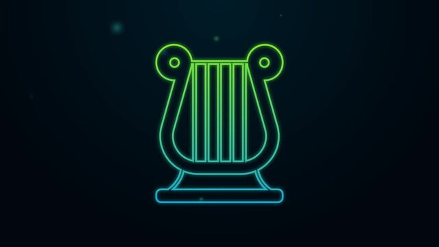 Glowing neon line Ancient Greek lyre icon isolated on black background. Classical music instrument, orhestra string acoustic element. 4K Video motion graphic animation