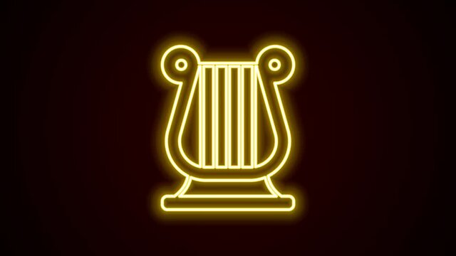 Glowing neon line Ancient Greek lyre icon isolated on black background. Classical music instrument, orhestra string acoustic element. 4K Video motion graphic animation