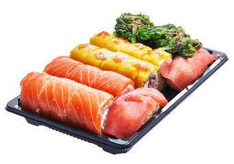  Delivery tray of sushi isolated over white background