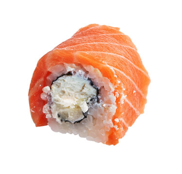 SIngle salmon uramaki sushi isolated over white background