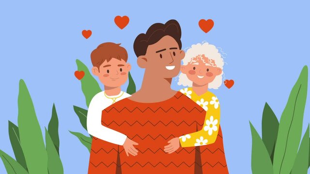Happy Father Day video concept. Colorful clip with smiling children hugging their dad. Man surrounded by little daughter and son. Moving Greeting Card with pop up hearts. Graphic animated cartoon