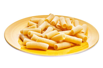  Plate of italian rigatoni pasta over white isolated background