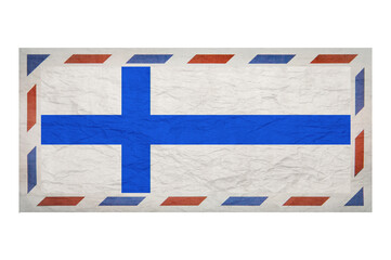 Postal envelope. Envelope with the image flag of Finland. Finnish flag. Crumpled envelope with a flag without a postmark. Copy space. Blank mock up.