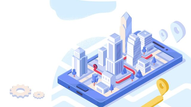 Mobile navigation video concept. Colorful clip with isometric phone, pop up tall buildings of city and paved route. Moving banner with location detection app. Graphic animated cartoon for websites