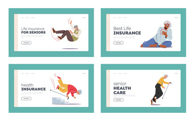 Old People Stumble Landing Page Template Set. Senior Male and Female Character Fall Down on the Ground, Health Insurance