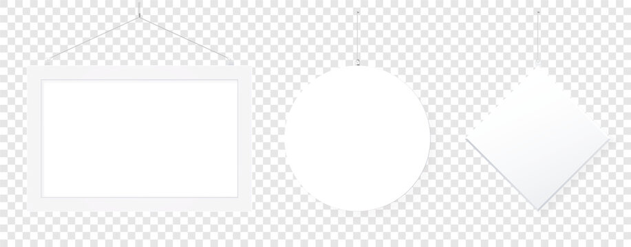 Set rectangle, circle, triangle, rhombus danglers hanging from ceiling realistic mockup.  Wobblers mockup pointing price 3d plastic tags labels advertising price discount. Vector illustration