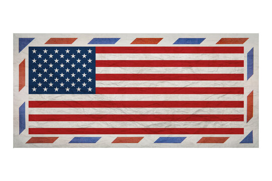 Postal envelope. Envelope with the image flag of America. USA flag. Crumpled envelope with a flag without a postmark. Copy space. Blank mock up.