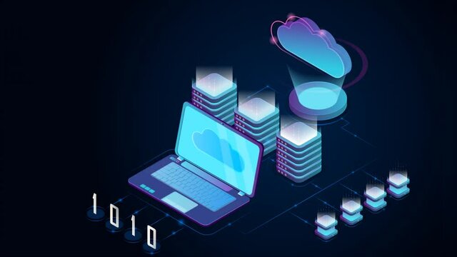 Cloud storage video concept. Digital clip with open moving laptop and convenient server for storing and transmitting information or data. Innovative technologies for work. Graphic animated cartoon