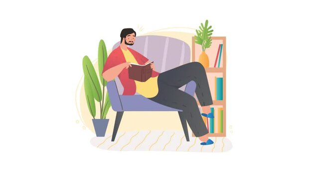 Literature fans video concept. Young bearded man moving his leg sitting on soft comfortable chair, holding paper book and reading science fiction. Male character relaxes. Graphic animated cartoon