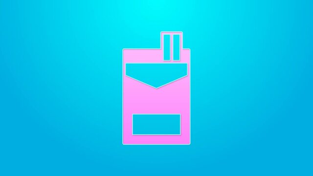 Pink line Cigarettes pack box icon isolated on blue background. Cigarettes pack. 4K Video motion graphic animation