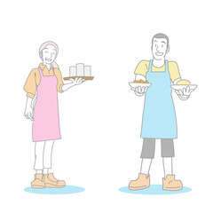 料理を運ぶエプロン姿の親子