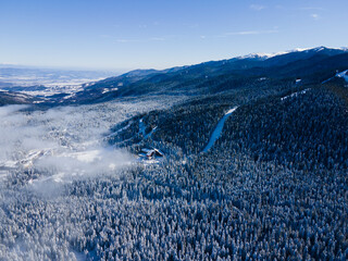 Aerial winter view of Rila Mountain near of Borovets, Bulgaria