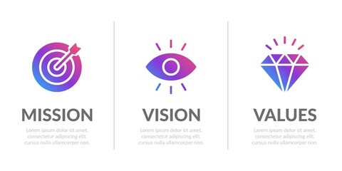 Mission, Vision and Values of company in modern gradient design concept for web template and business presentation. - obrazy, fototapety, plakaty