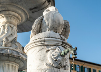 Obraz premium Detail of the fountain of the Young Fisherman (Fontana del Pescatorello), sculpted in the 19th century, in Duomo square, Prato city, Tuscany region, Italy
