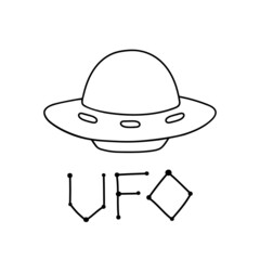 Flying saucer in doodle style. UFO Contour vector drawing. Unidentified spacecraft