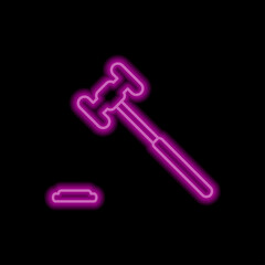 Judge gavel simple icon vector. Flat desing. Purple neon on black background.ai