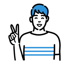 笑顔でピースサインをしている若い男性
