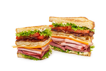 Two pieces of club sandwich on white