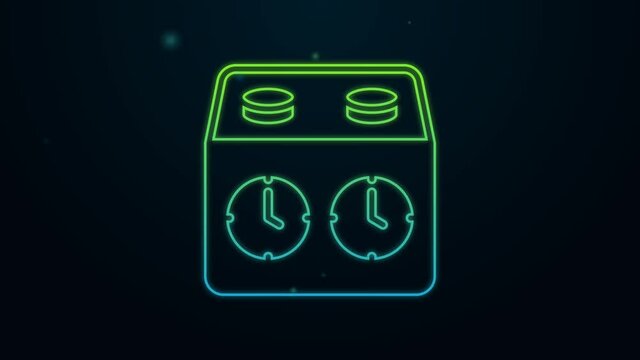 Glowing neon line Time chess clock icon isolated on black background. Sport equipment. 4K Video motion graphic animation