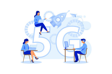 Vector illustration of 5G internet. A man with a laptop at the table, another with a briefcase is walking next to the rocket, women are sitting on a 5G sign, against the background of quadcopters